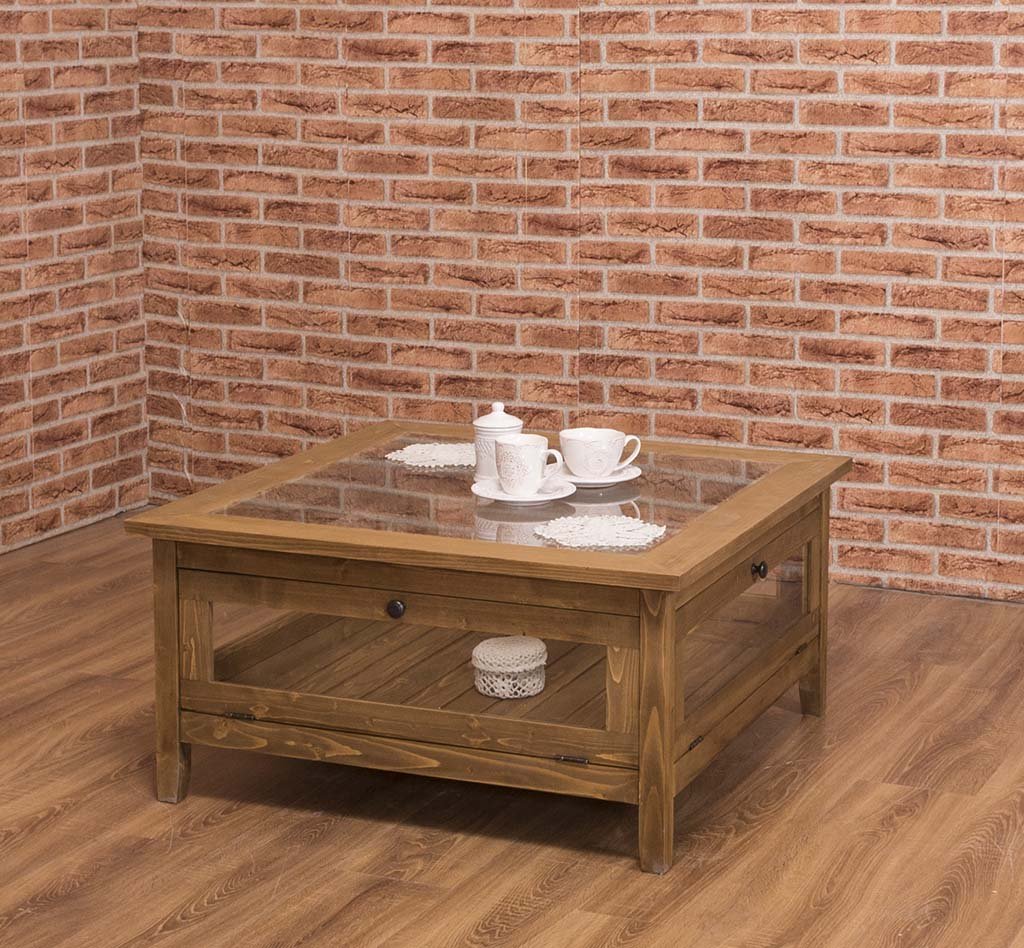 Quadratischer Couchtisch Luberon mit Glas, 90 x 90 cm