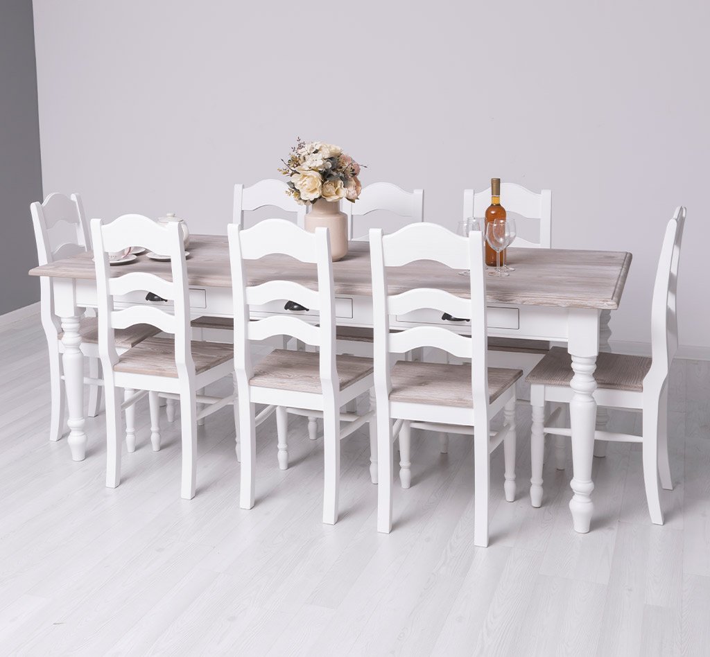 Essgruppe Luberon Shabby Chic mit Tisch und acht Stühlen