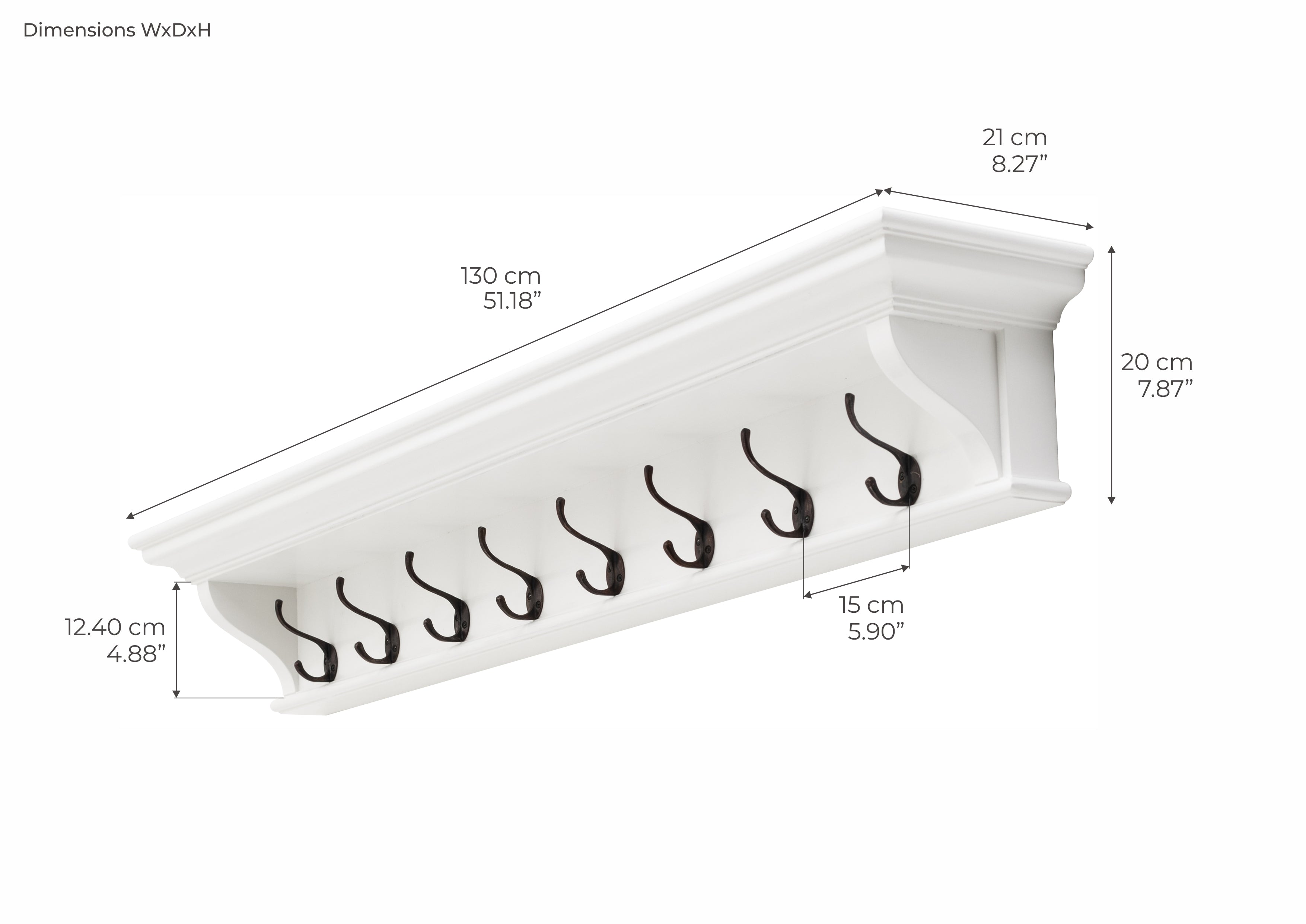 Halifax Garderobenleiste mit 8 Haken, 130 cm – Weiß