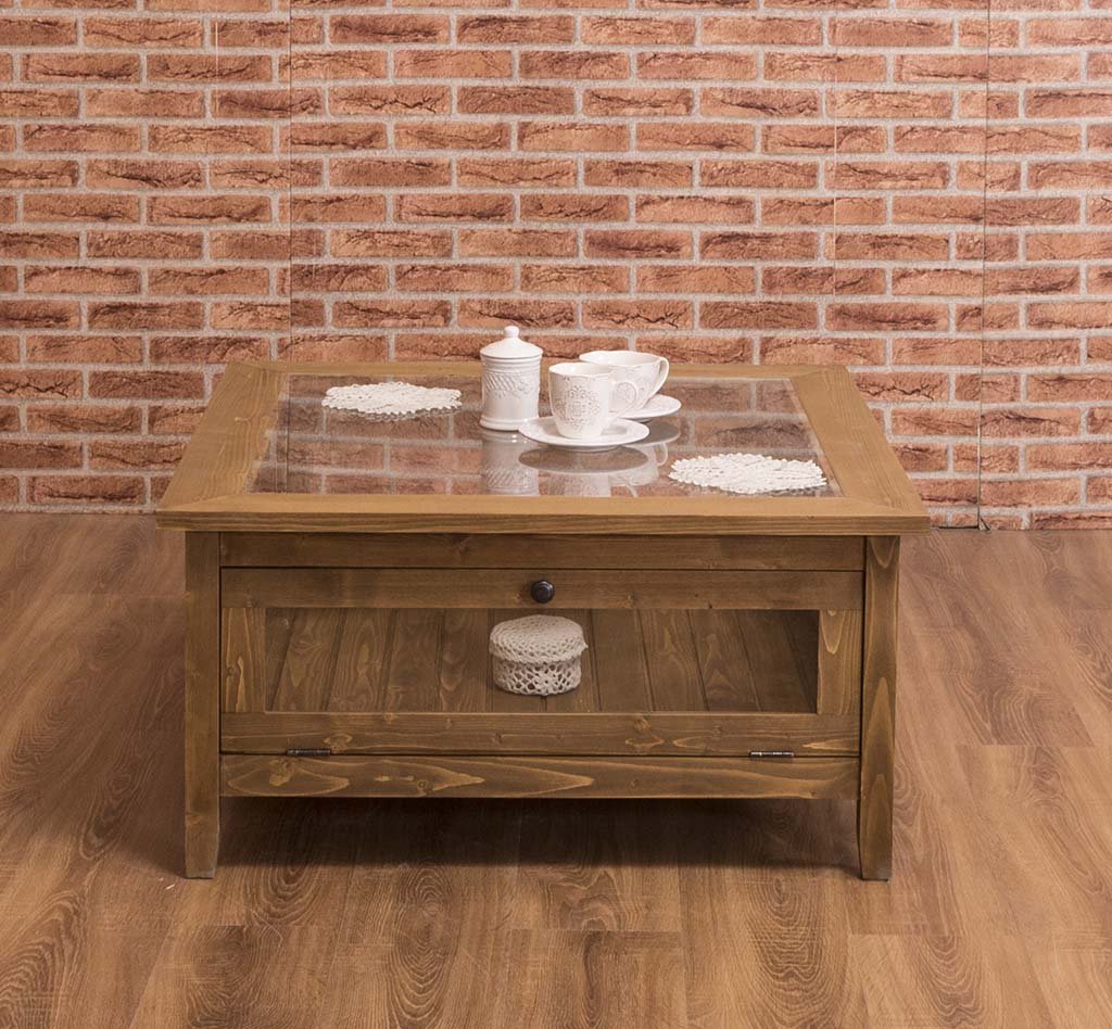 Quadratischer Couchtisch Luberon mit Glas, 90 x 90 cm