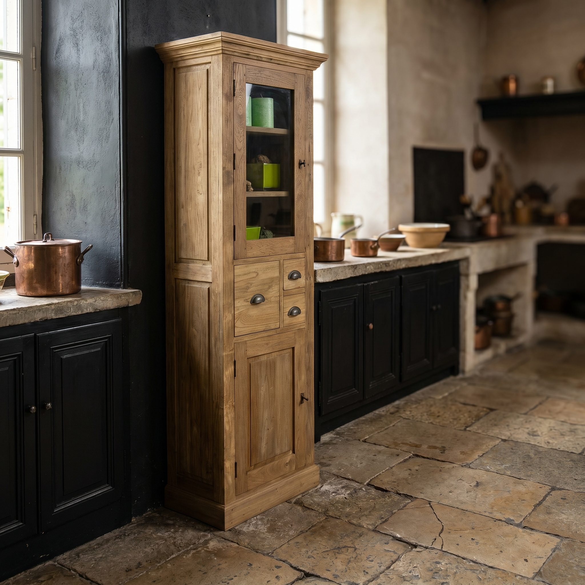 Schmale Vitrine Avignon aus recyceltem Teakholz