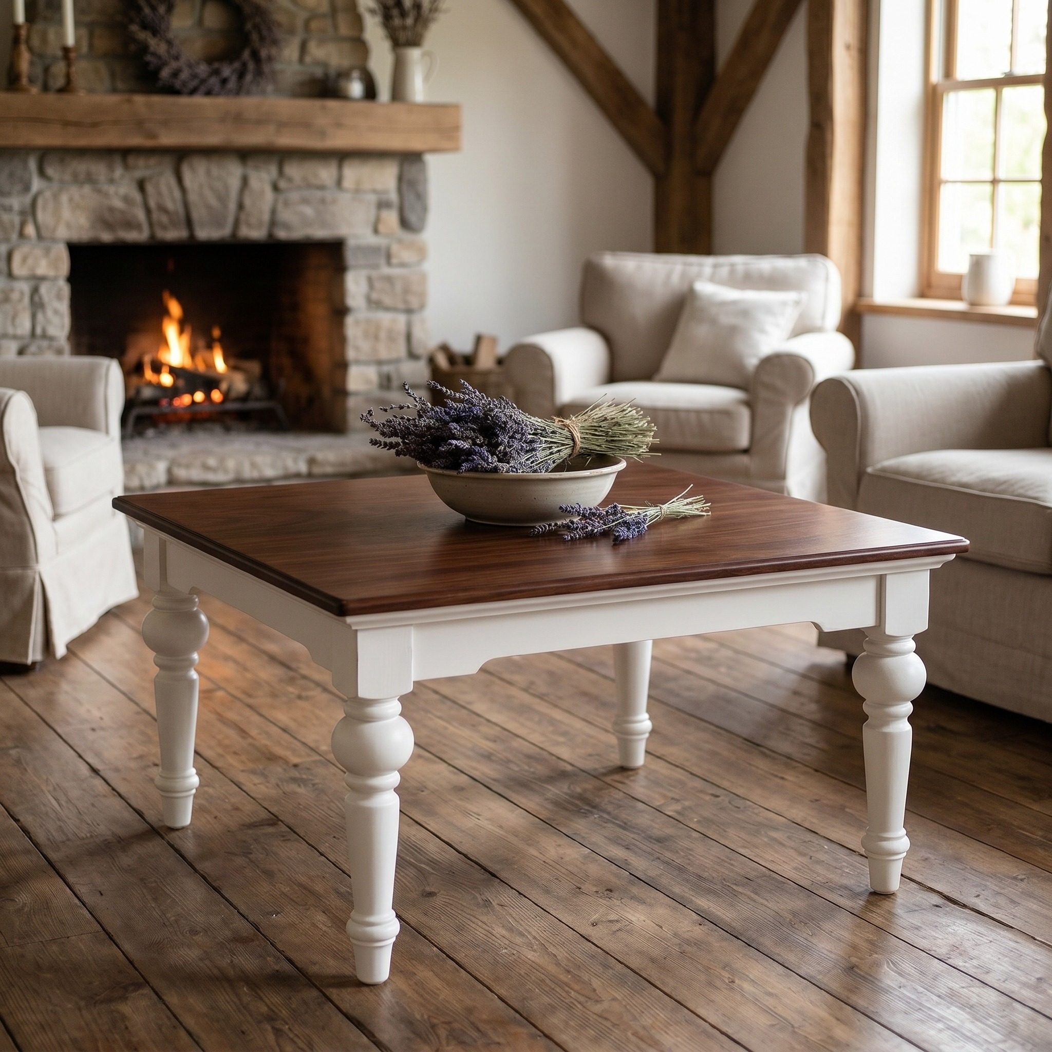 Provence Accent Couchtisch Quadratisch – Weiß mit Dunkler Holzplatte
