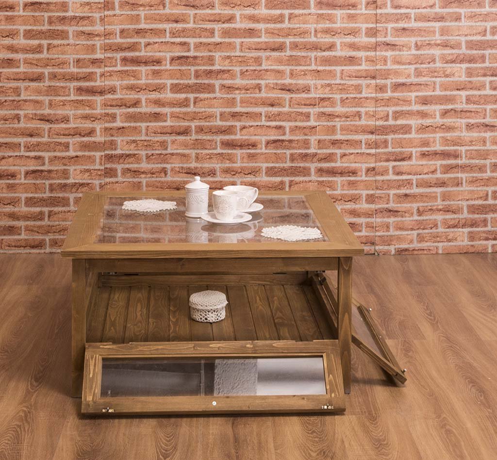 Quadratischer Couchtisch Luberon mit Glas, 90 x 90 cm