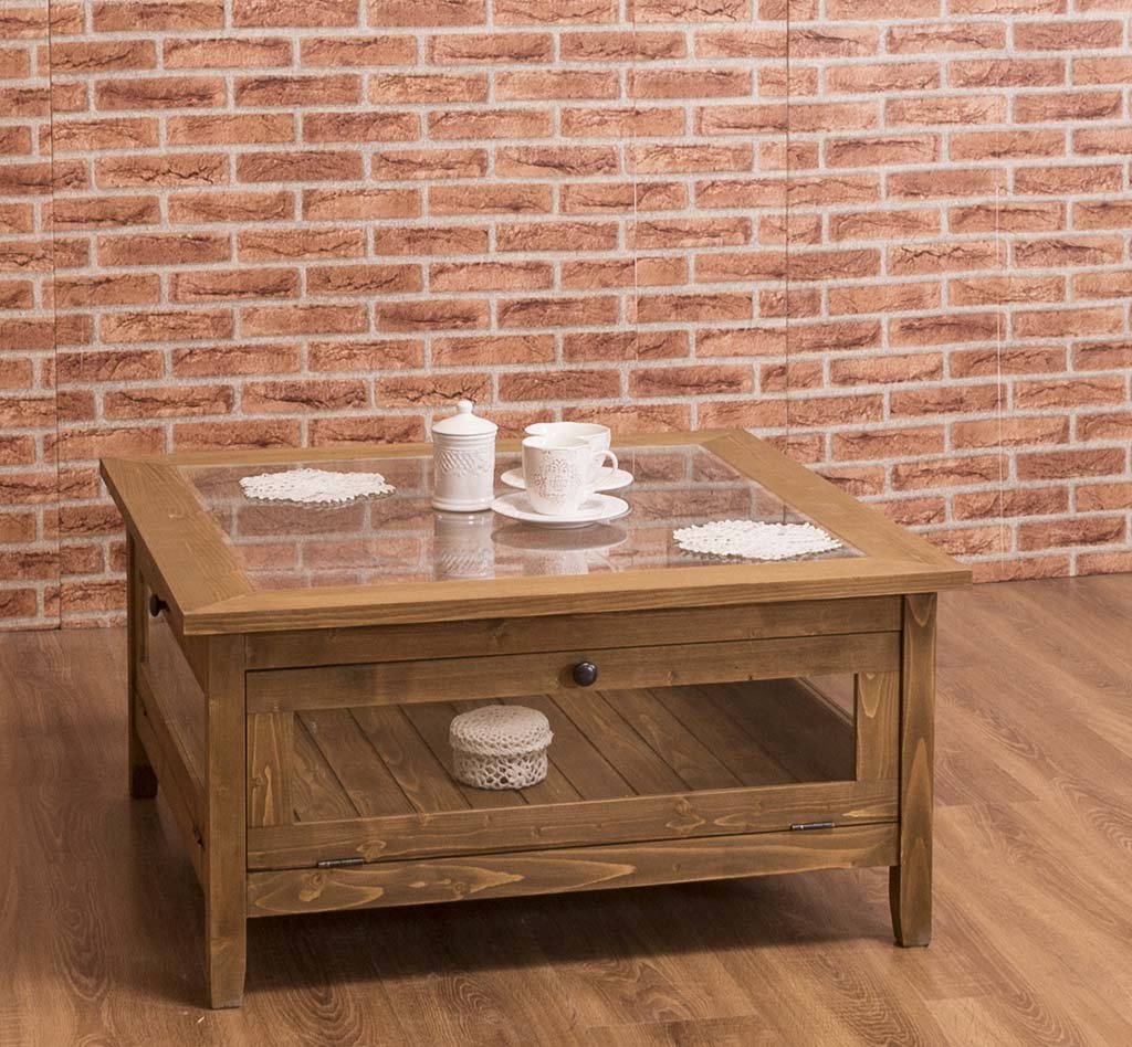 Quadratischer Couchtisch Luberon mit Glas, 90 x 90 cm