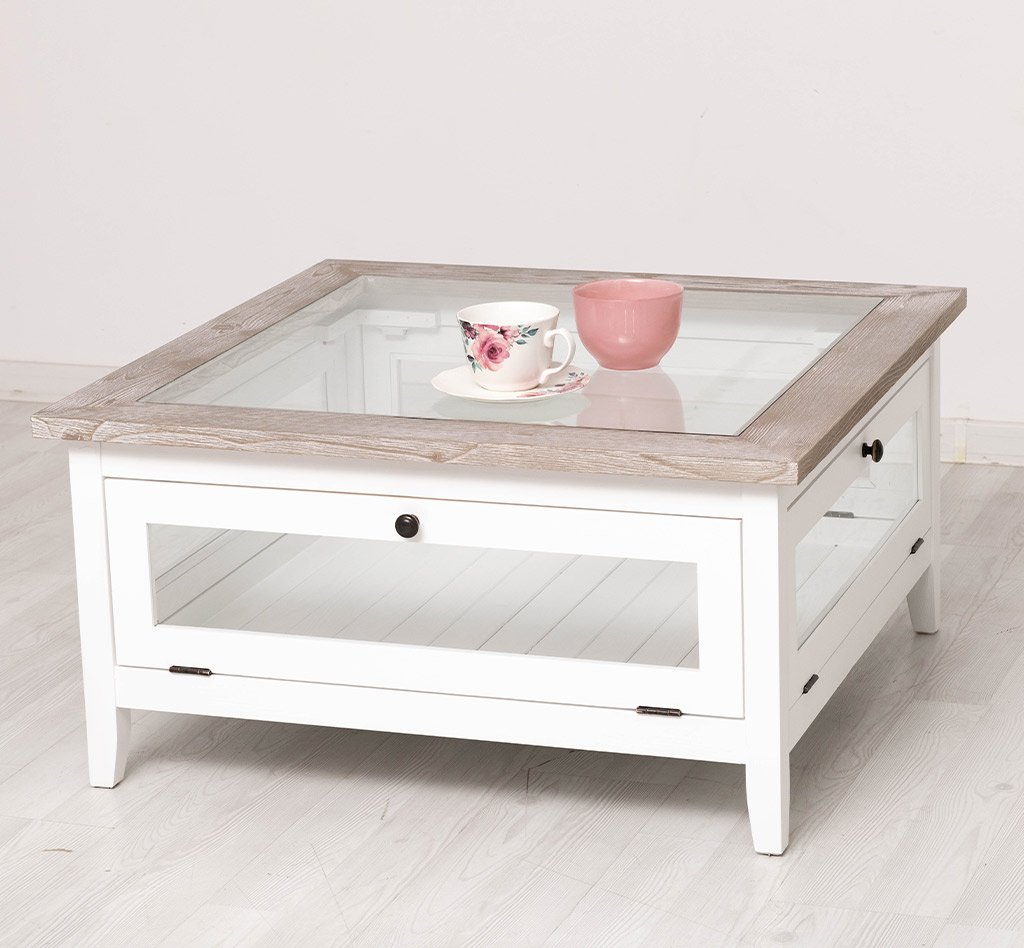 Quadratischer Couchtisch Luberon mit Glas, 90 x 90 cm