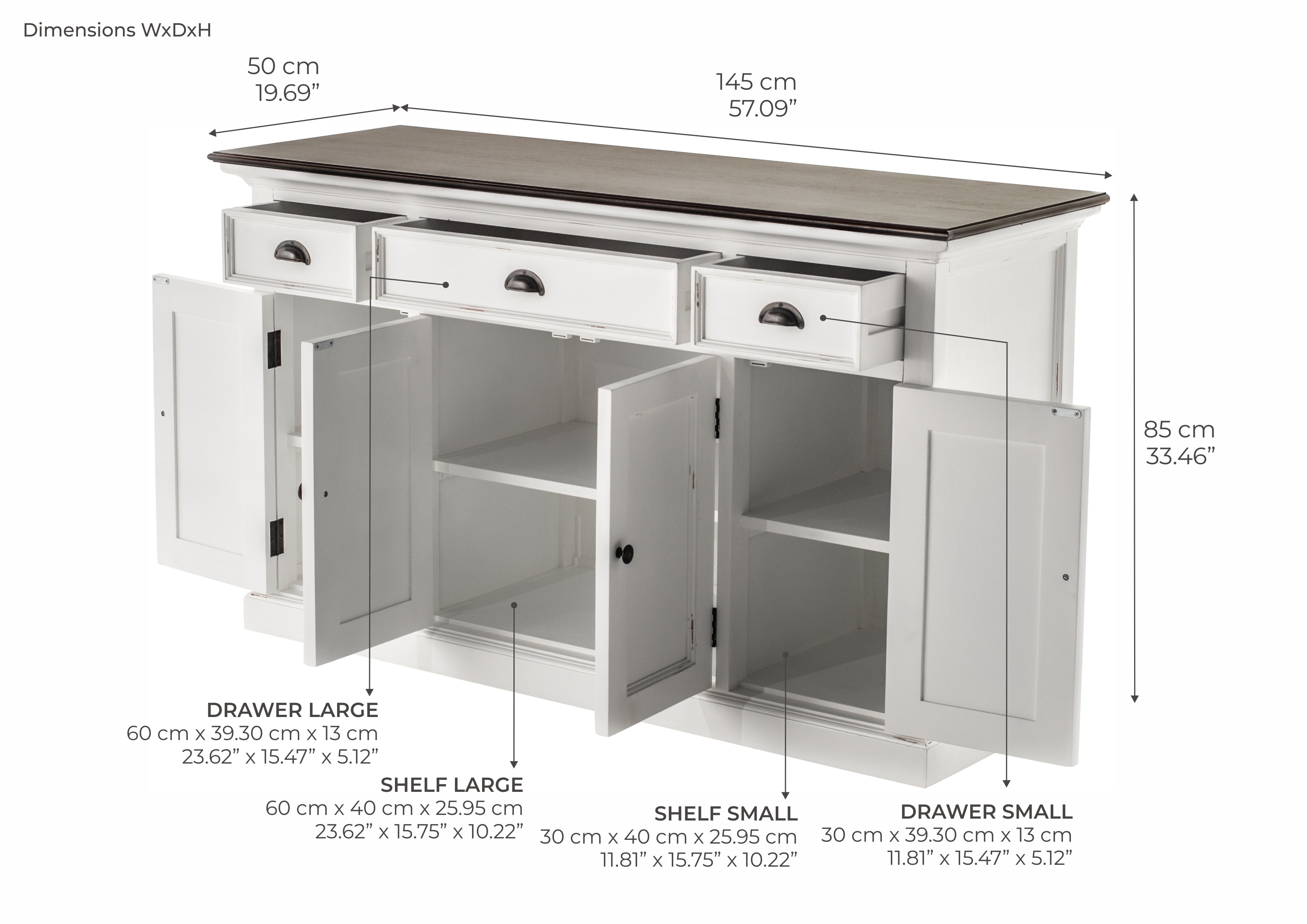 Halifax Sideboard mit 4 Türen und 3 Schubladen – Weiß gewischt & Dunkelbraun
