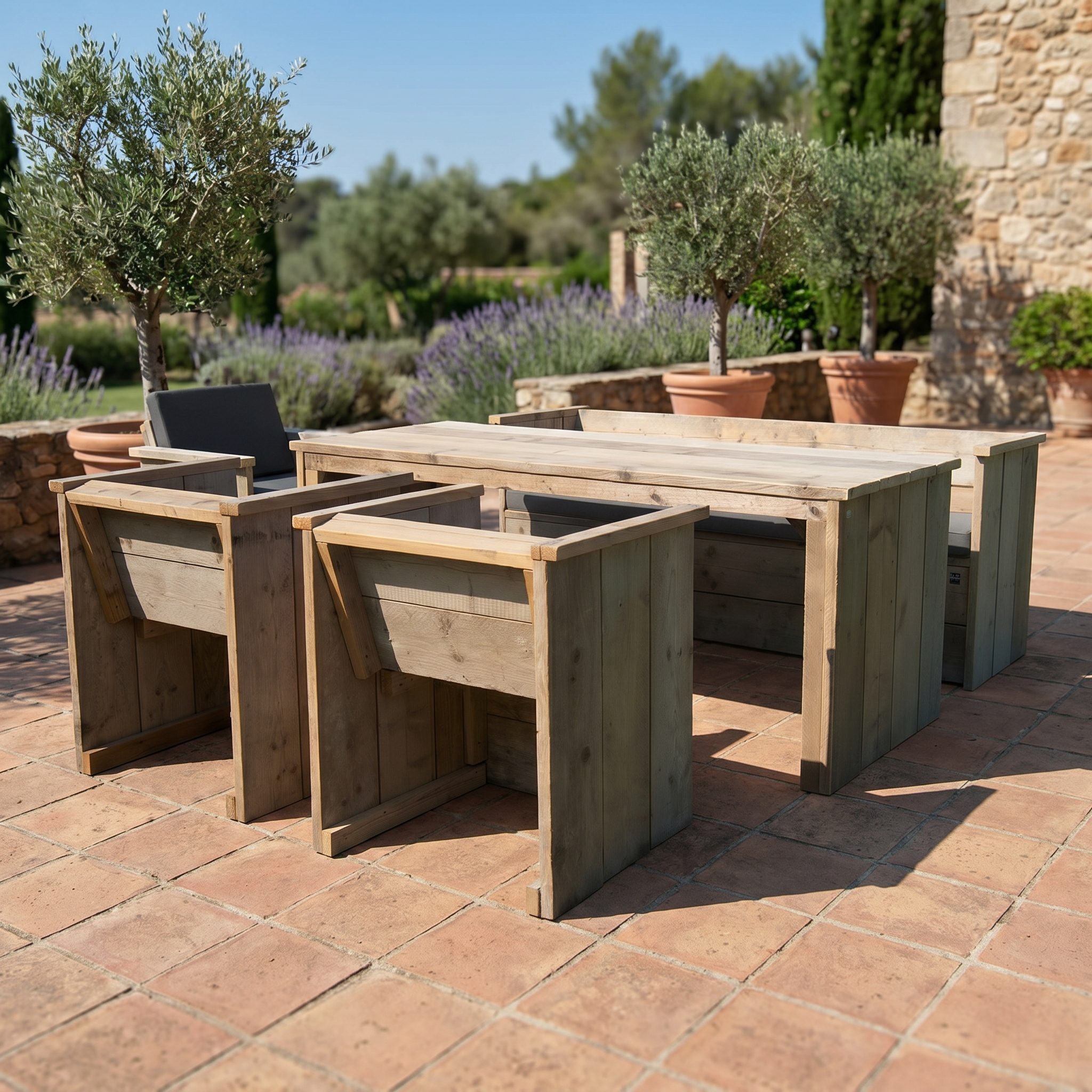 Gartenset Standardset aus unbehandeltem Gerüstholz Esstisch Sofa Sessel Garten Holz Gartenmöbel Bauholz