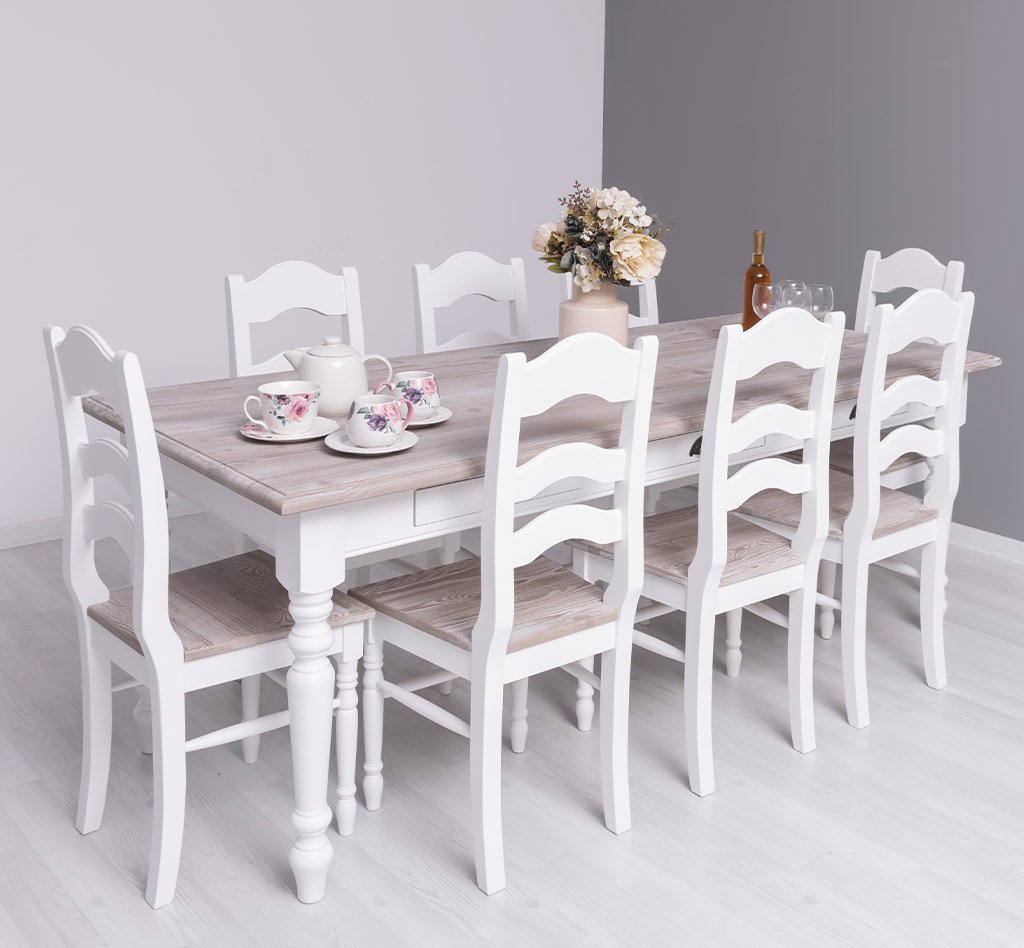 Essgruppe Luberon Shabby Chic mit Tisch und acht Stühlen
