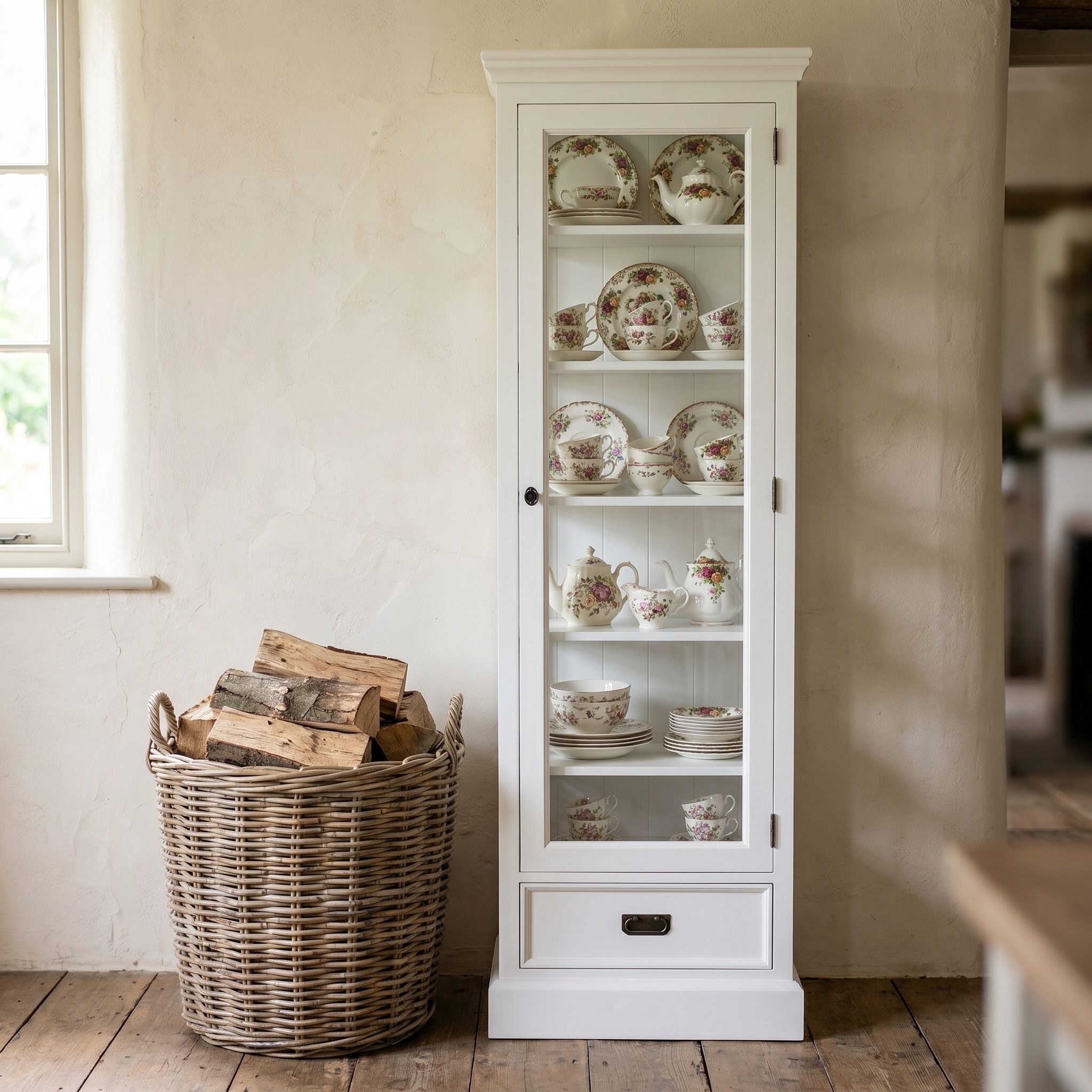 Schmaler Vitrinenschrank im Landhausstil