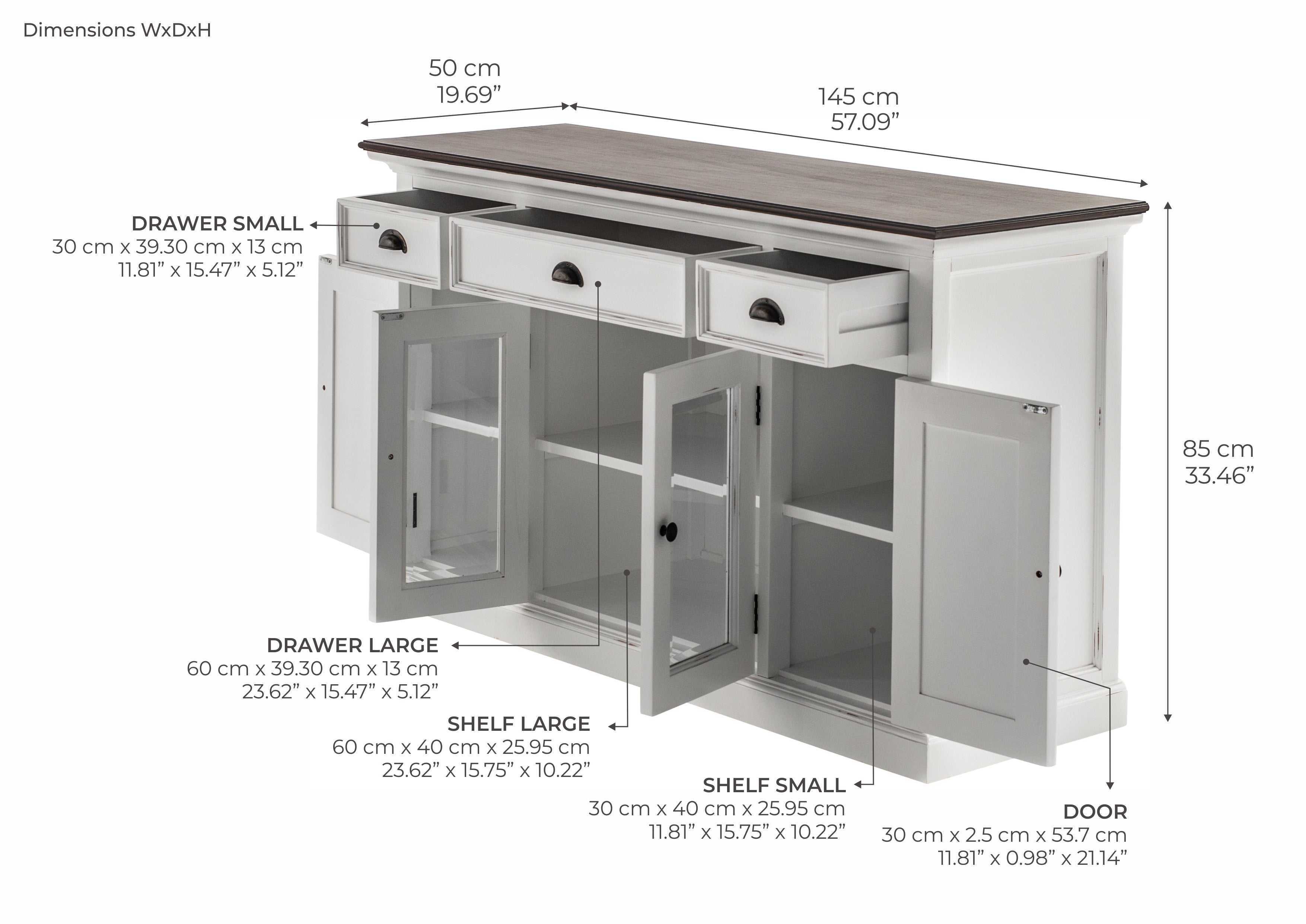 Halifax Accent Sideboard mit 4 Türen und 3 Schubladen – Weiß gewischt & Dunkelbraun