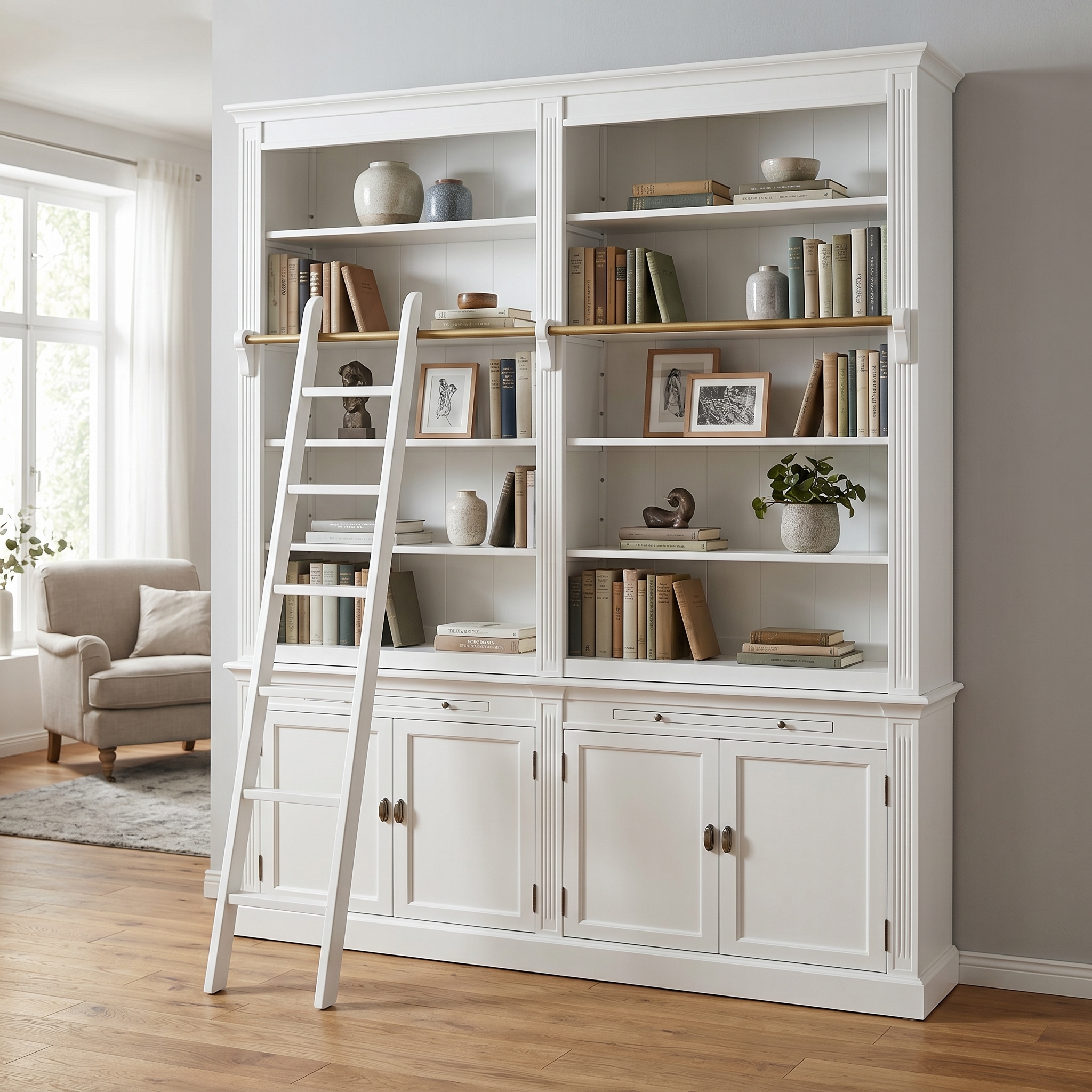 Schwarzes Bücherregal mit Leiter im Landhausstil - auch in Weiß oder in anderen Farben erhältlich!