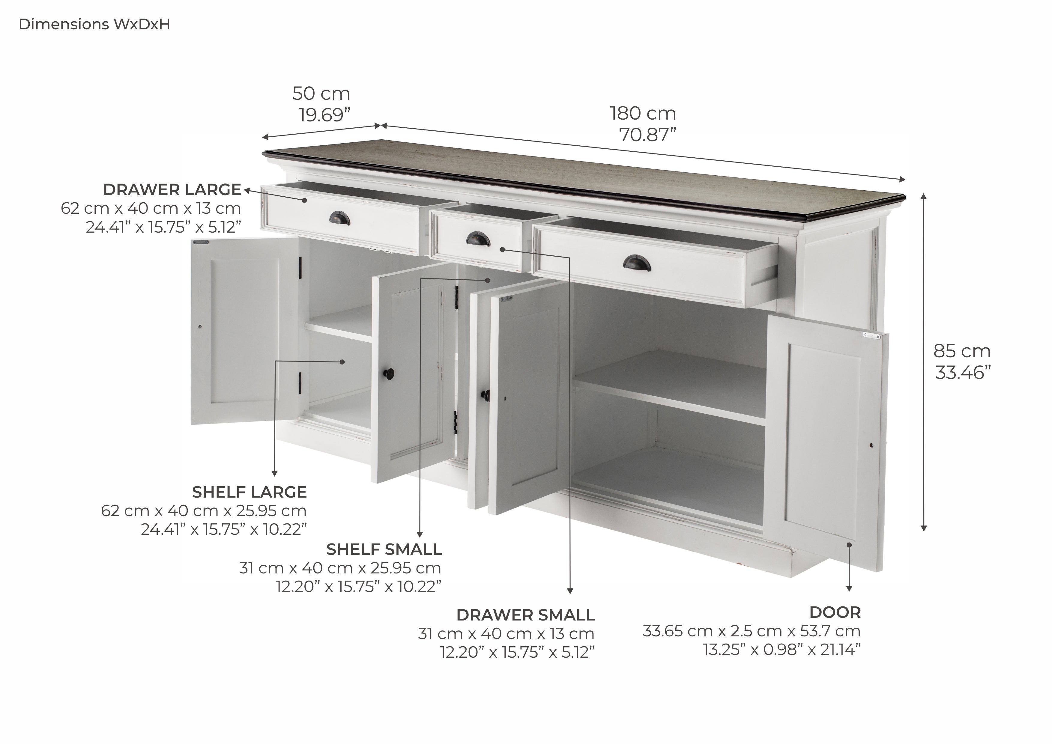 Halifax Accent Sideboard mit 3 Schubladen und 5 Türen – Weiß gewischt & Dunkelbraun