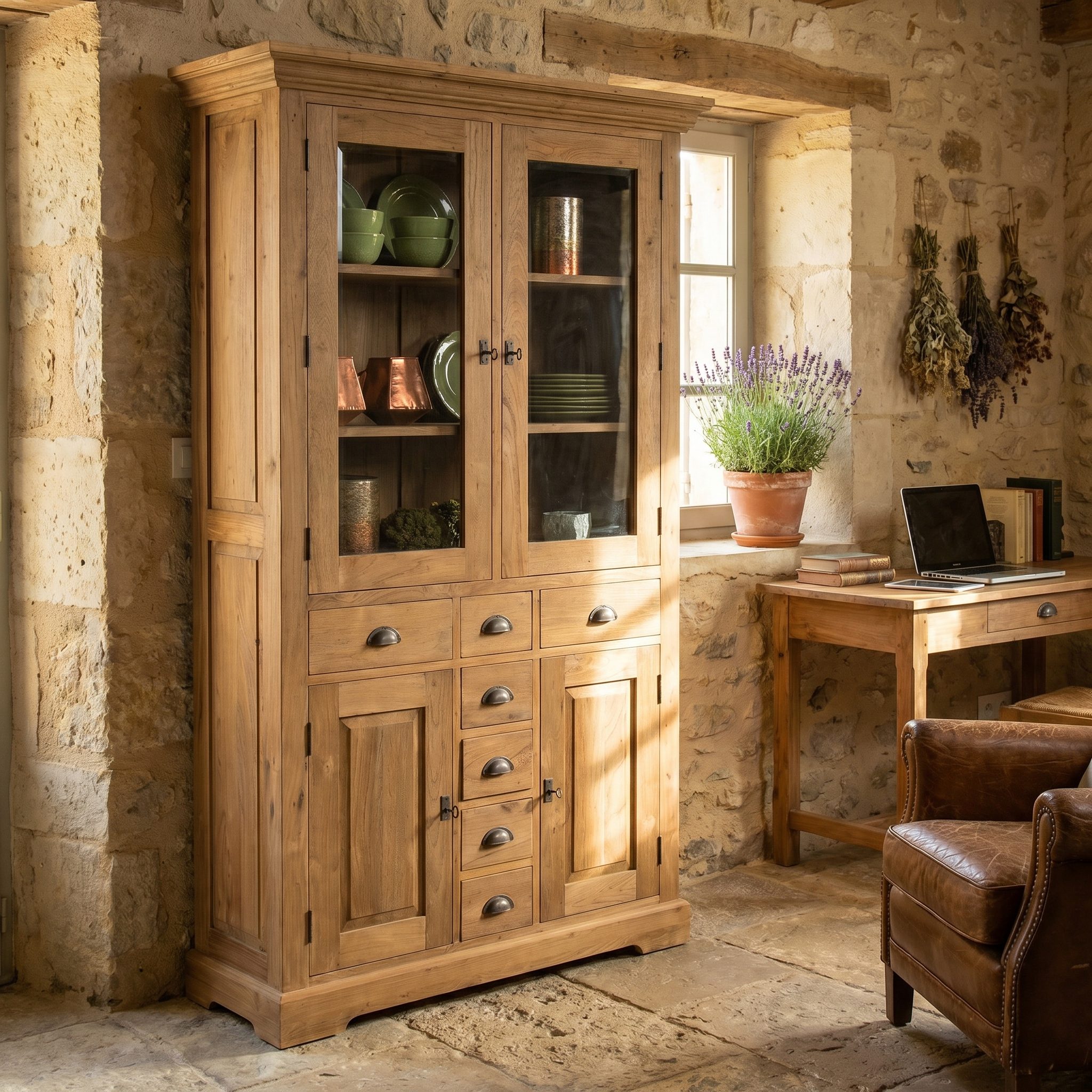 Breite Vitrine Avignon aus recyceltem Teakholz
