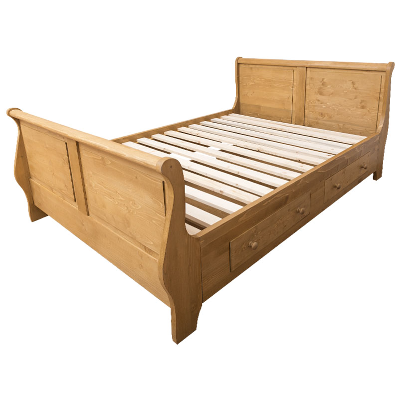 Romantischer Landhaus-Charme mit praktischem Stauraum: Bett aus massivem Holz mit runden Formen und 2 Schubladen