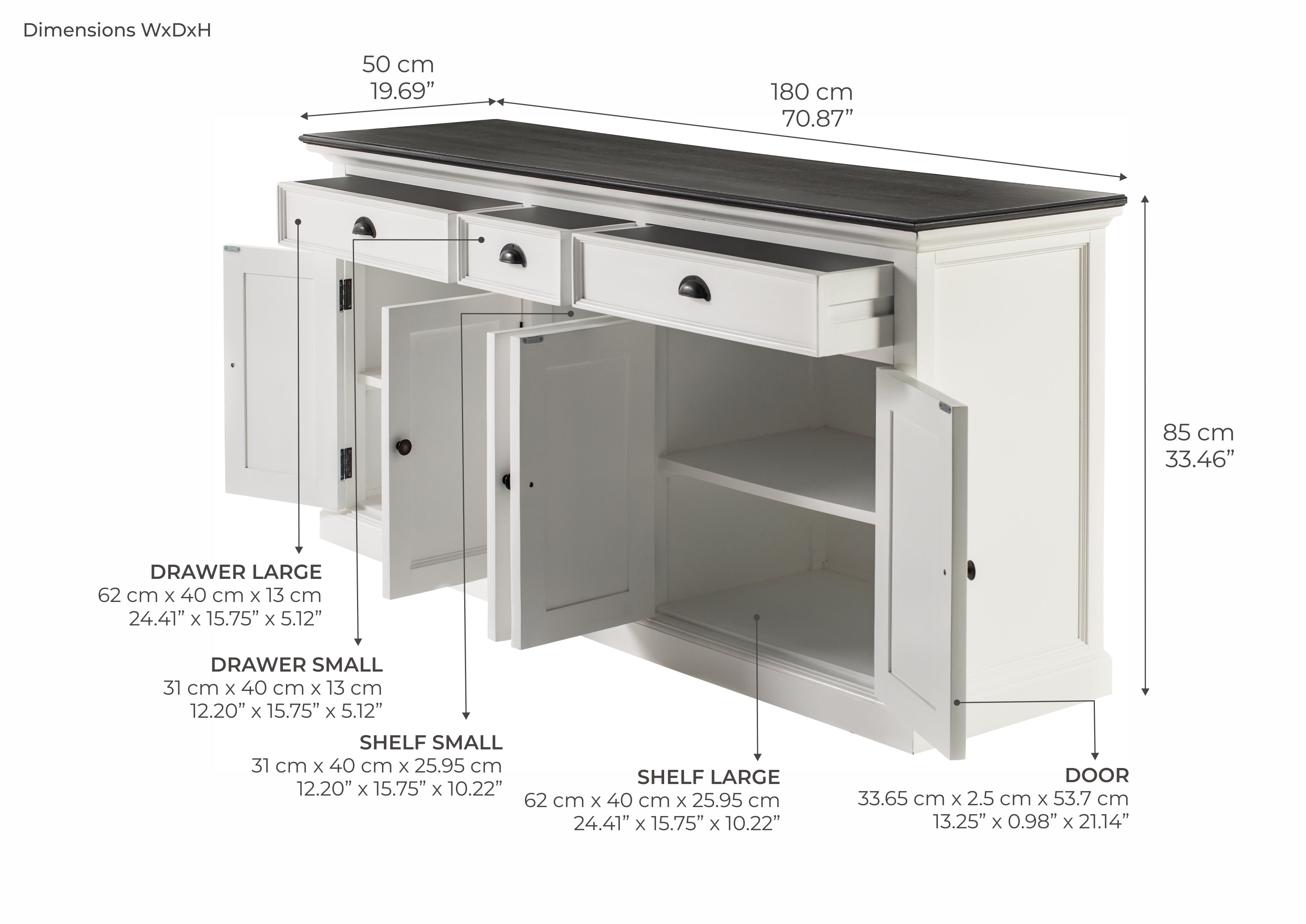 Halifax Contrast Buffet – Sideboard in Weiß mit schwarzer Tischplatte