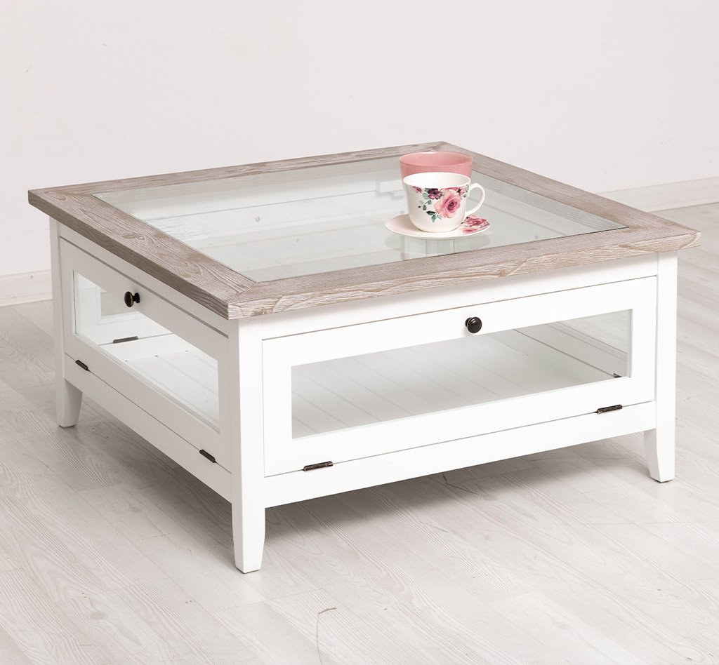 Quadratischer Couchtisch Luberon mit Glas, 90 x 90 cm