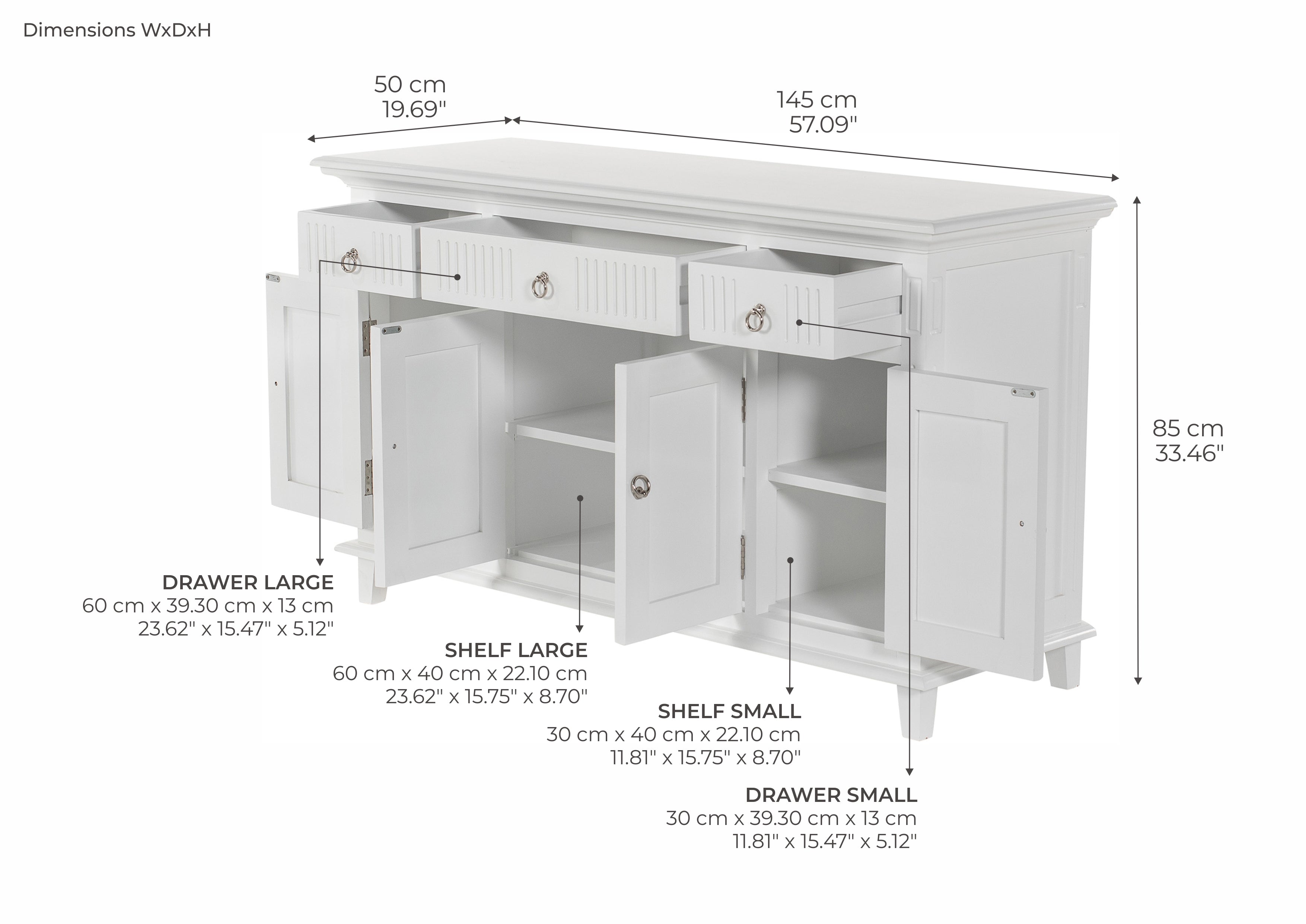 Skansen Sideboard mit 4 Türen und 3 Schubladen – Klassisches Weiß