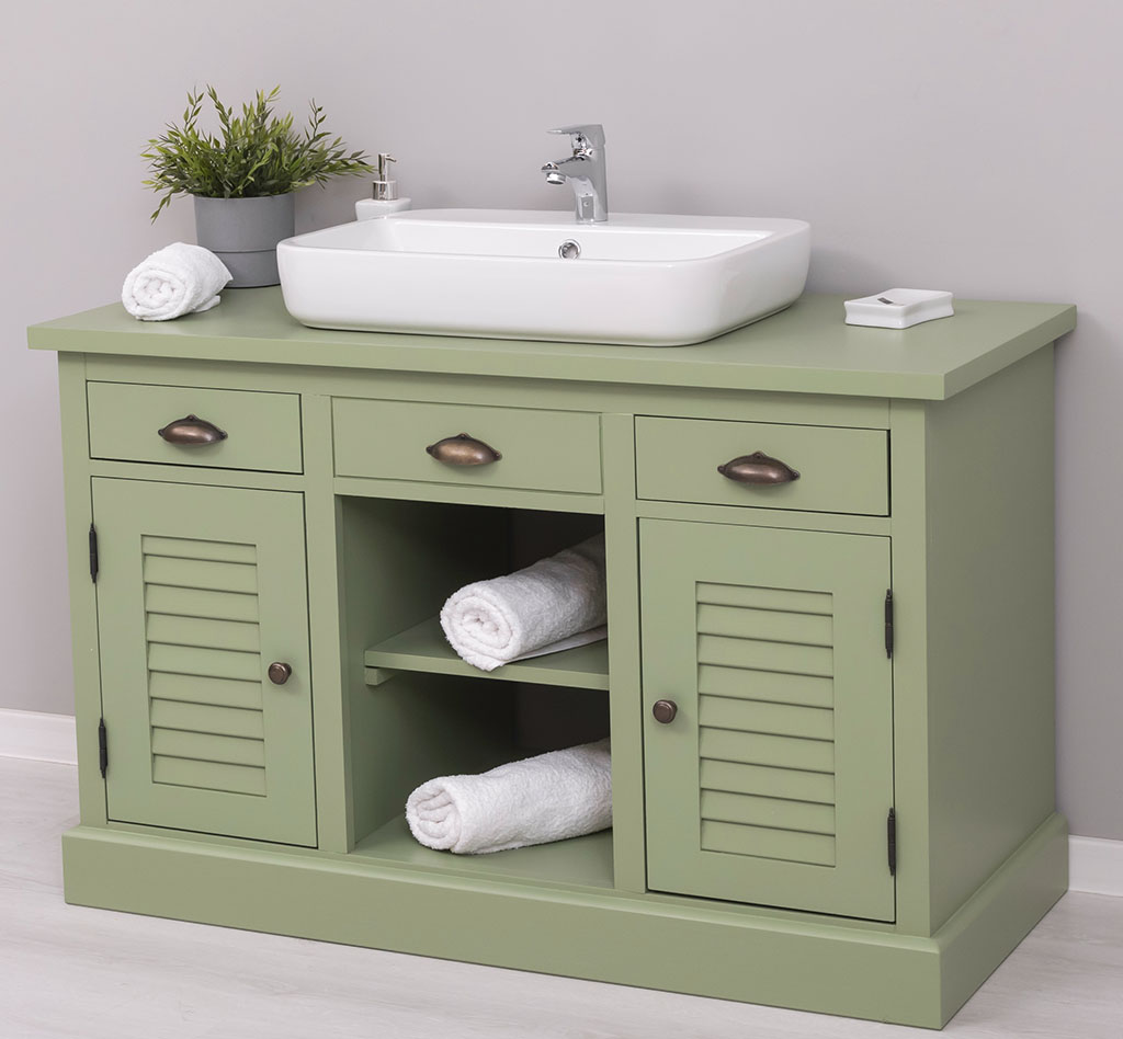 Badmöbel mit Aufsatzwaschbecken und zwei Lamellentüren - in vielen Farben erhältlich!