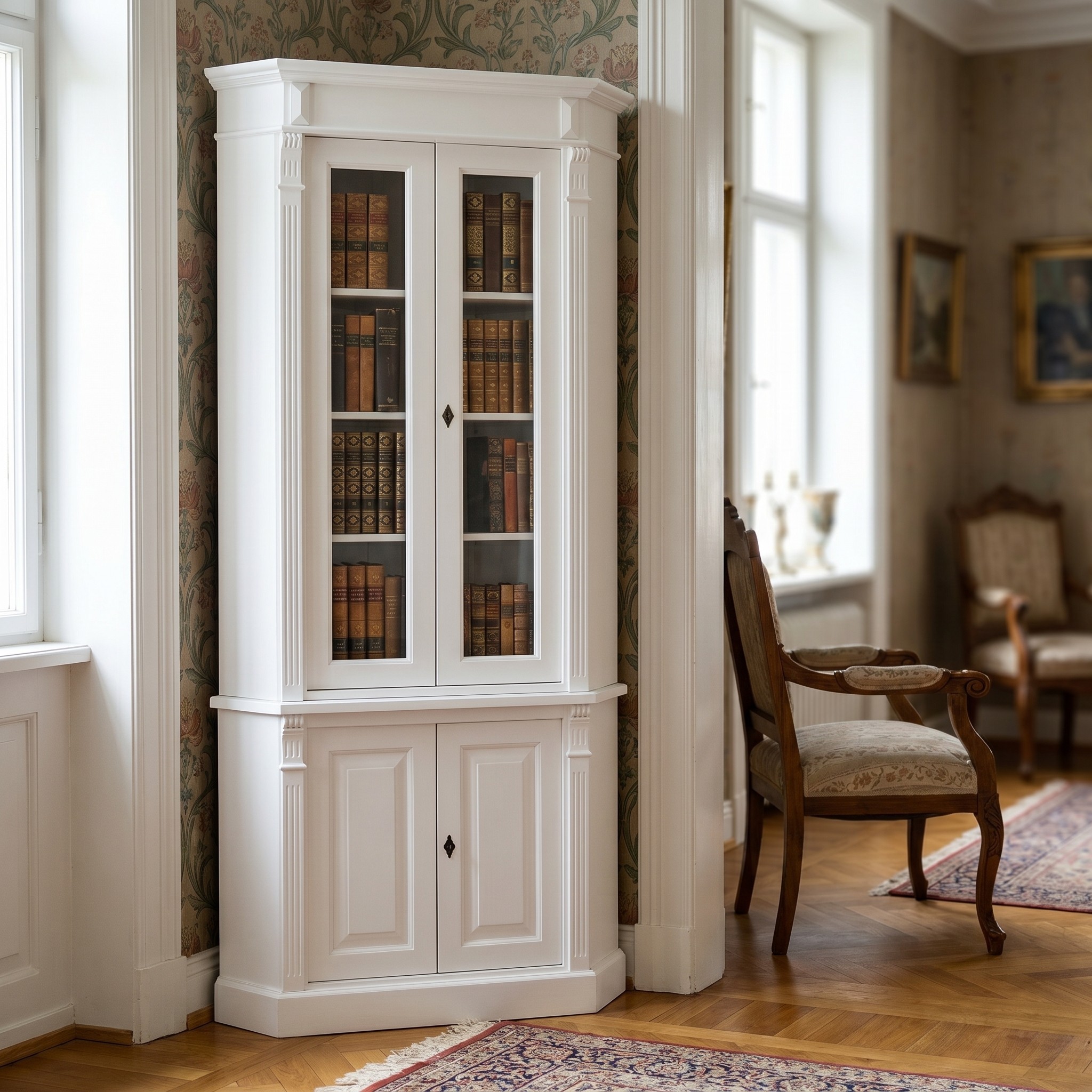 Schmaler Eckschrank Eckvitrine im Landhausstil - in vielen Farben erhältlich!