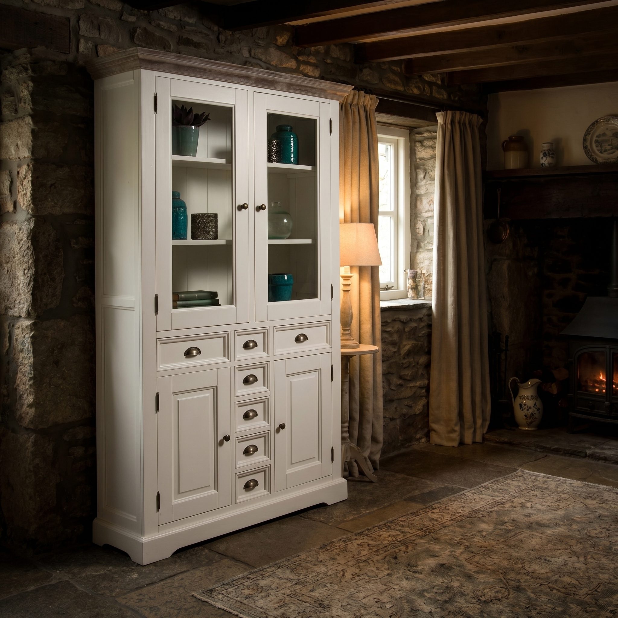 Elegante Vitrine Penzance mit rustikalem Kranz