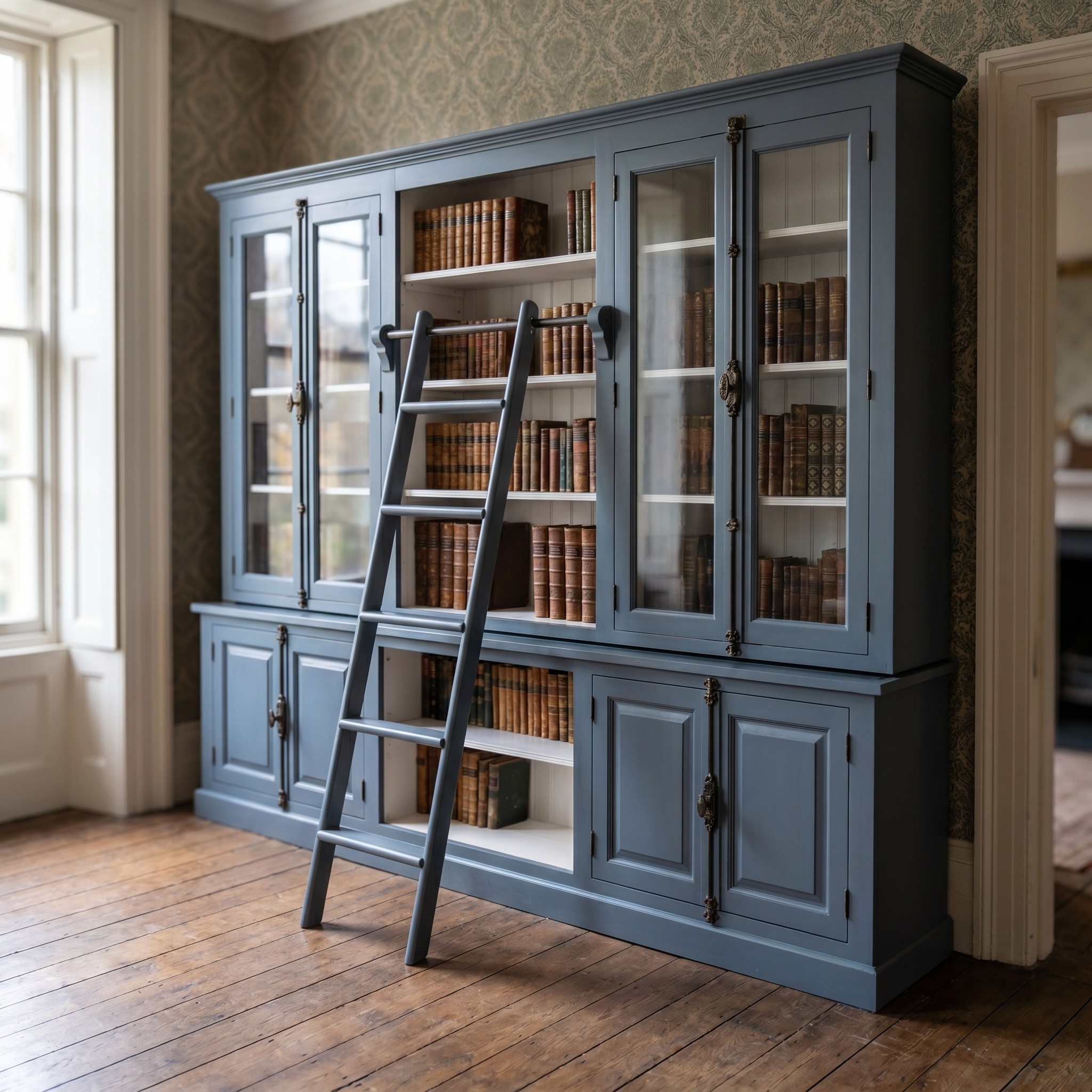 Großer nostalgischer Bücherschrank mit Leiter ✓ Online kaufen