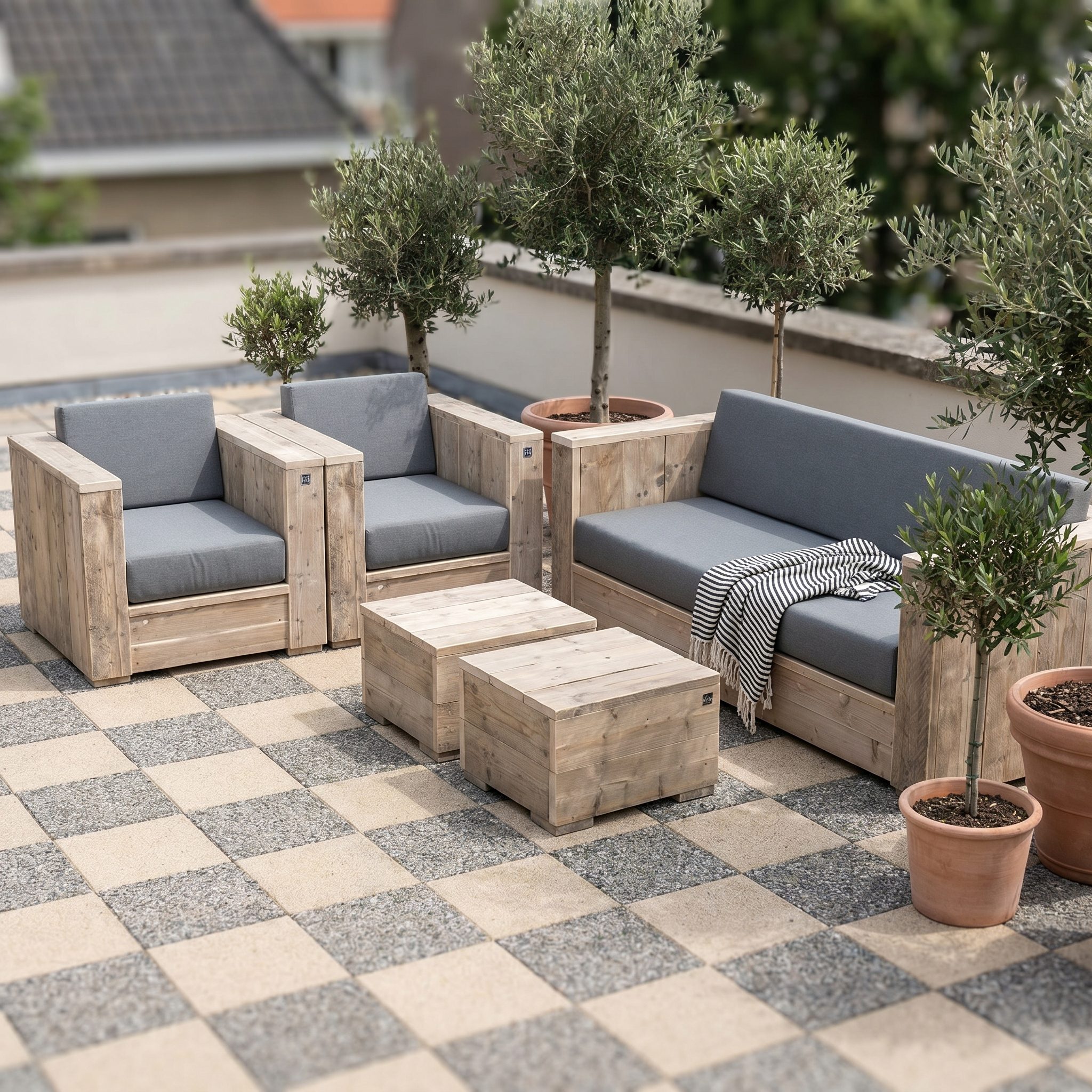 Stilvolles Blocklounge Set Large aus Gerüstholz