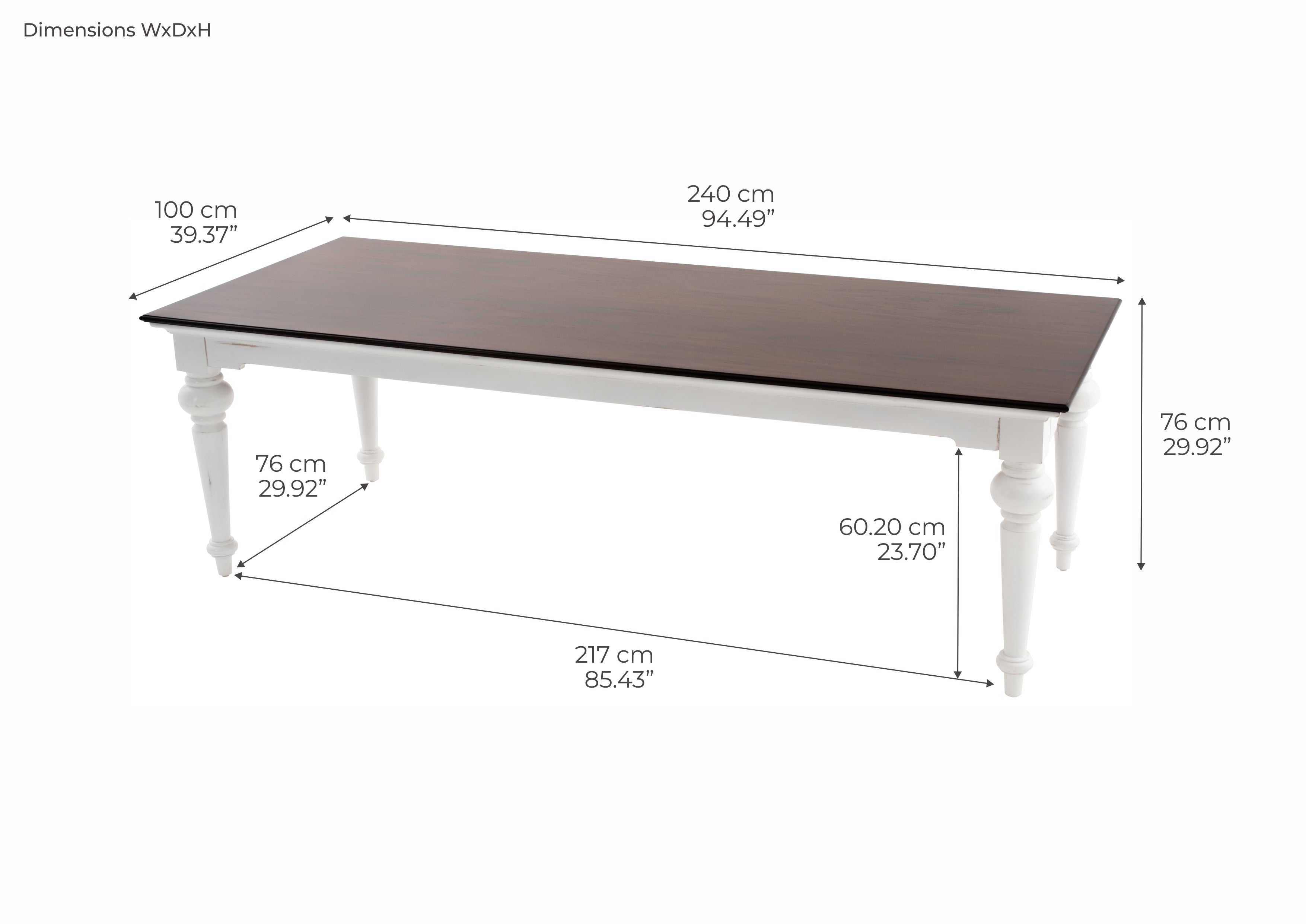 Esstisch Provence Accent 240 cm – Weiß mit dunkelbrauner Tischplatte