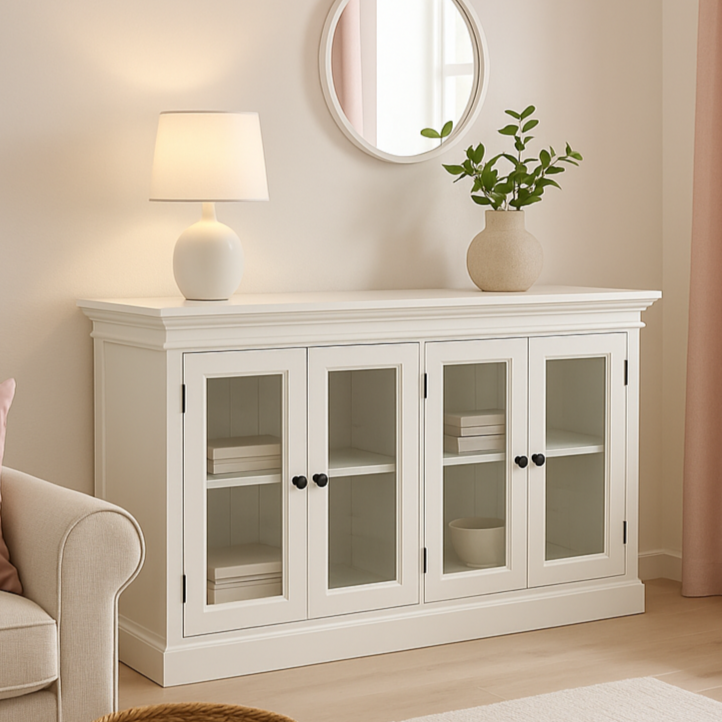Halifax Sideboard mit 4 Türen und Glasfronten – Weiß