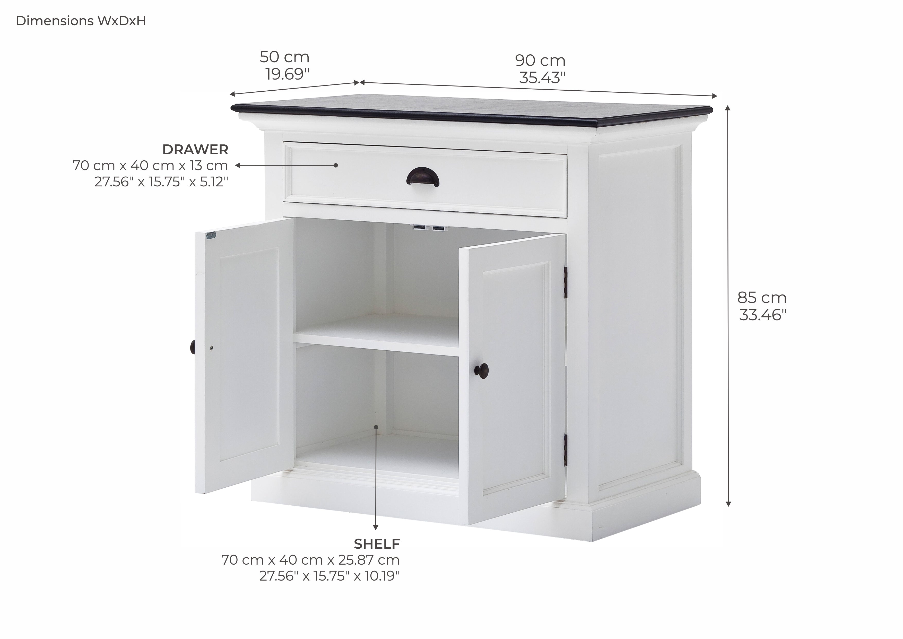 Halifax Contrast Kleines Sideboard – Weiß mit schwarzer Tischplatte